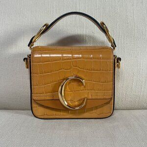 Chloé Mini C Flap Bag Crocodile Embossed Leather Tan